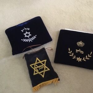 Three Vintage Velvet Blue Pouches Judaica Lined